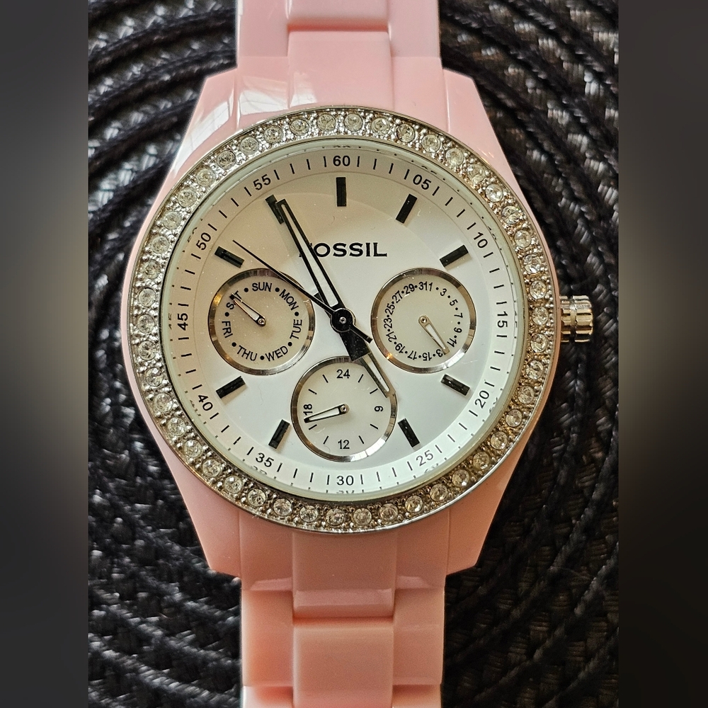 Fossil-Pink Bracelet Watch w/Crystal Accents